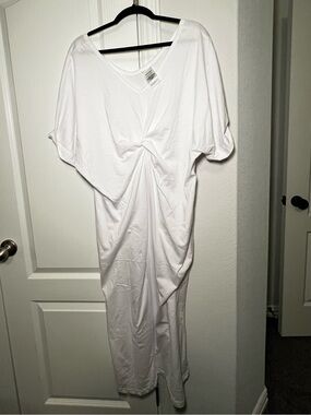 Twist-Front White Midi Dress - with Pockets